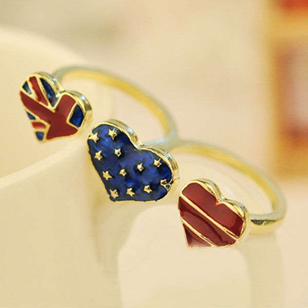 Retro Alloy Enamel UK American Flag Pattern Double Finger Ring